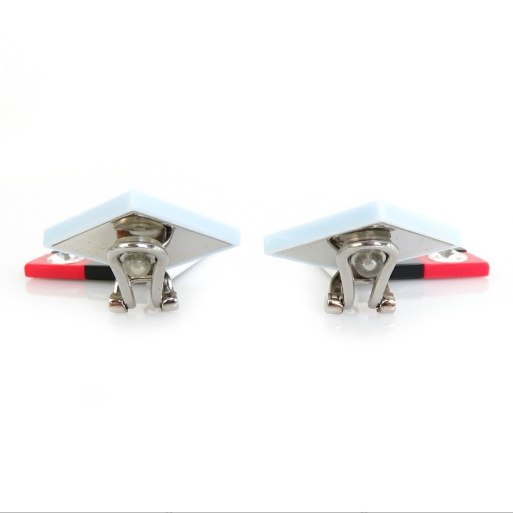 EUC-MIU MIU Clip-On Earrings Plastic/Rhinestone Light Blue x White, Red,& Black - Picture 3 of 6